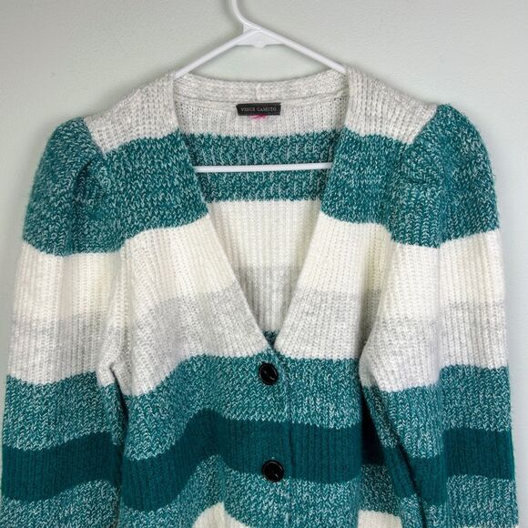 Vince Camuto Puff Sleeve Cardigan Button Front Knit Teal Grey Cream Striped L - Picture 2 of 10
